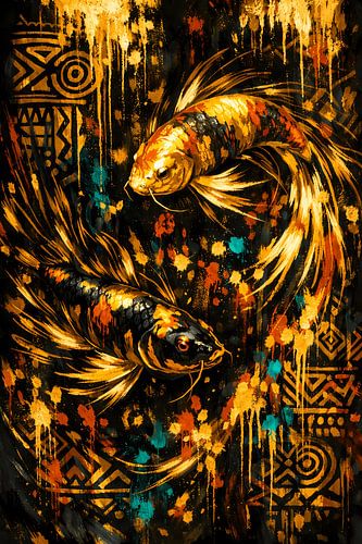 Goldene Koi-Harmonie: Dynamische Unterwasserwelt im Ethno-Stil