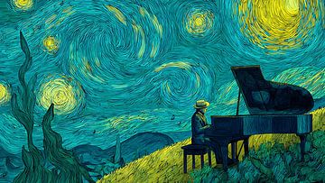 Homme jouant du piano sous un ciel étoilé sur Aden Pink Studio