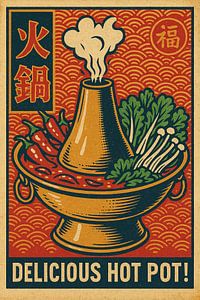 Köstliche Hot Pot Print - Retro-Stil asiatisches Essen Illustration
