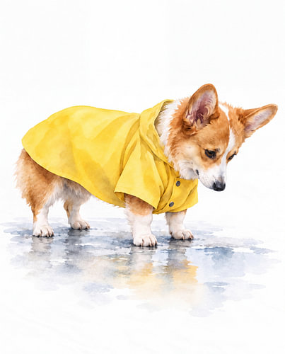 Corgi in einem leuchtend gelben Regenmantel