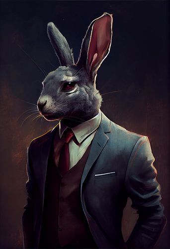 Stately standing portrait of a hare in a suit