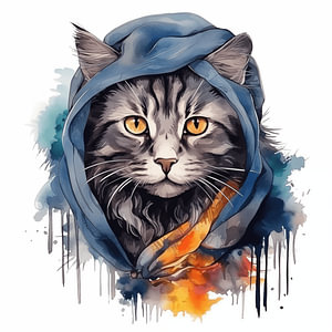 Porträt einer Katze in Wasserfarbe gemalt mit Buntem Kopftuch auf weißen Hintergrund