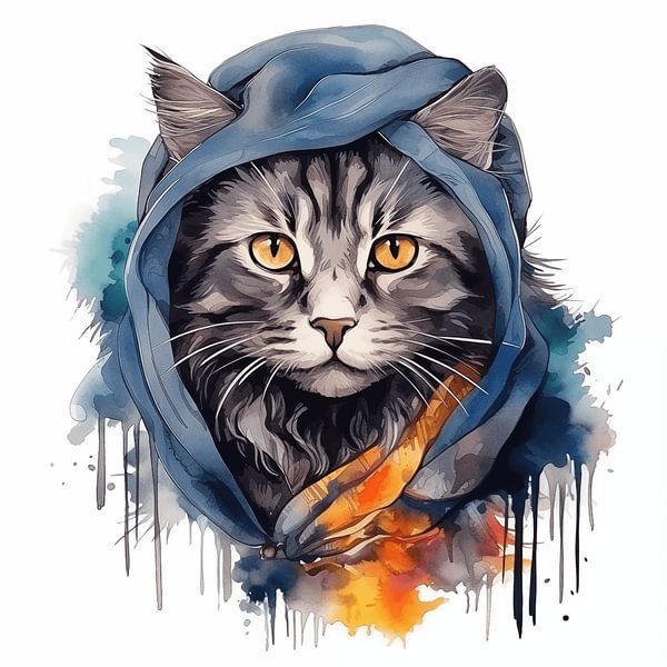 Porträt einer Katze in Wasserfarbe gemalt mit Buntem Kopftuch auf weißen Hintergrund von Animaflora PicsStock