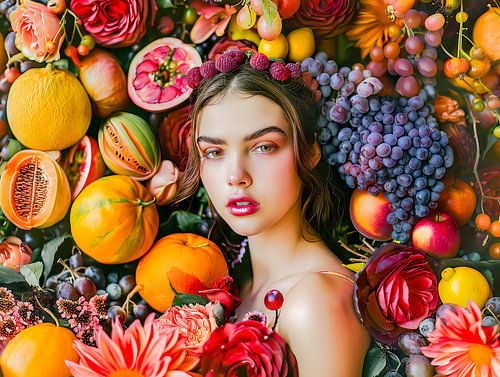 Vrouw met citrusvruchten en een bloemenslinger