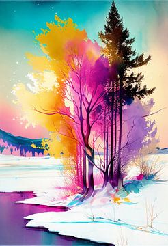 Heldere kleuren bomen in een sneeuwlandschap van Jan Bechtum