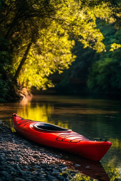 Kayak rouge sur une rive tranquille par Poster Art Shop