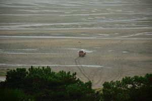 A covered wagon on the beach