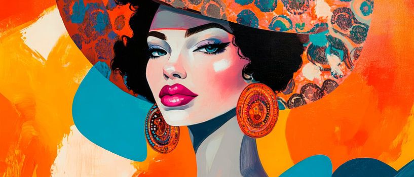 Colourful portrait lady with hat and jewellery by Poster Art Shop