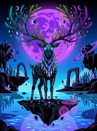 Himmlischer kosmischer Hirsch – Kristallgeweih – Vollmond – Grafische Illustration von The Deeper Way