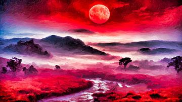 Bloederige maan boven mistig bos van Younsi