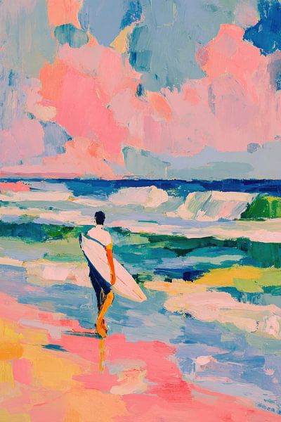 Surfers on the beach in a pastel sky by Niklas Maximilian