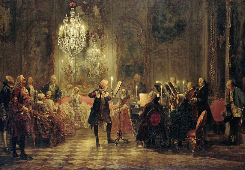 Friedrich der Große spielt Flöte in Sanssouci, Adolph Menzel von Meesterlijcke Meesters