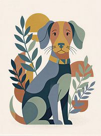 Mid-Century Modern-kunst met een beagle - Boho-minimalistische illustratie van een huisdier met botanische bladeren van VICTOR S