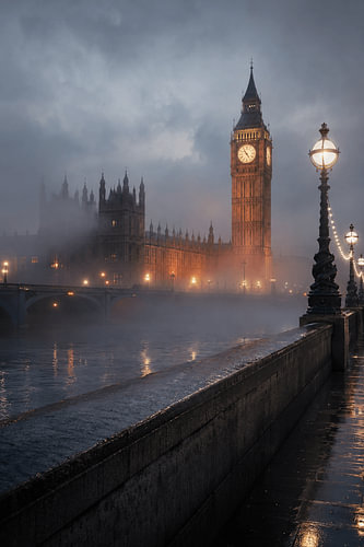 London in the Mist – Fine-Art Big Ben bij Avondschemering