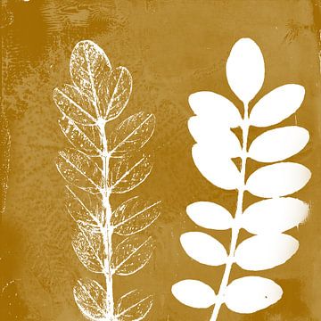Botanische illustratie van twee takken in warm okergeel. Monoprint. van Dina Dankers