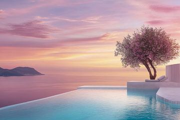 Zonsondergang, infinity pool met uitzicht op zee, minimalisme -  van BowiScapes abstract en digitale kunst