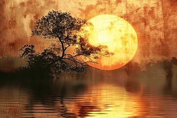 Zonsondergang met Wilgenboom van Art & Soul Creations