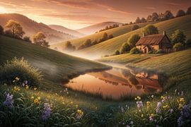Cottage by Pond with Rolling Hills and Flowers Landscape by Markus Gann