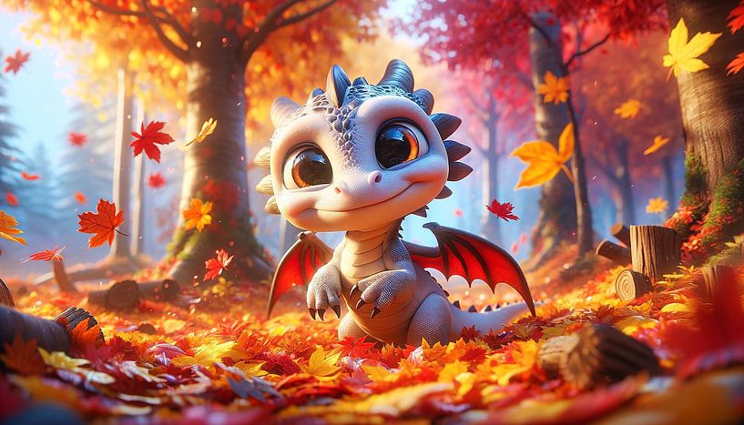 Herbstliche Freude des kleinen Drachen im Laubwald von artefacti