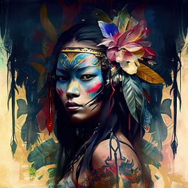 Floral Native Asian Warrior Portrait