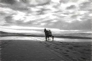 Pferd und Sulky am Strand