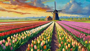 Moulin à vent dans un champ de tulipes au coucher du soleil, Pays-Bas sur Animaflora PicsStock