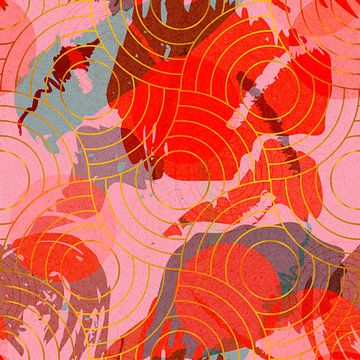 Motif géométrique japonais rétro doré en rose, rouge et gris chaud sur Dina Dankers