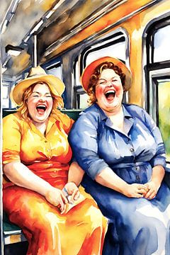 2 dames sociables en chemin dans le train sur De gezellige Dames