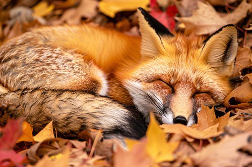 Renard endormi aux couleurs de l'automne