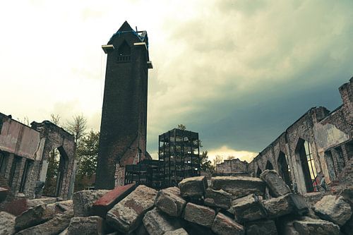 Church ruin with dark clouds