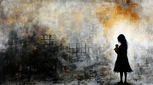 Triest silhouet van een meisje voor een verwoeste stad