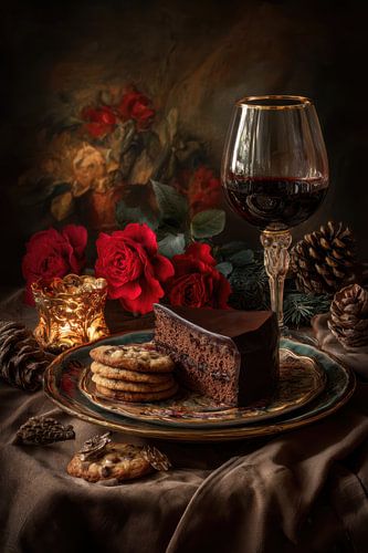 Chocoladetaart en rode, zoete wijn - sfeervol romantisch stilleven