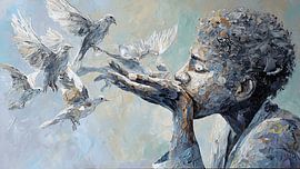 Verzerrte Figur, die Glasvögel füttert – abstrakte, strukturierte Acrylmalerei – emotionale, surreale Porträtkunst von Aden Pink Studio