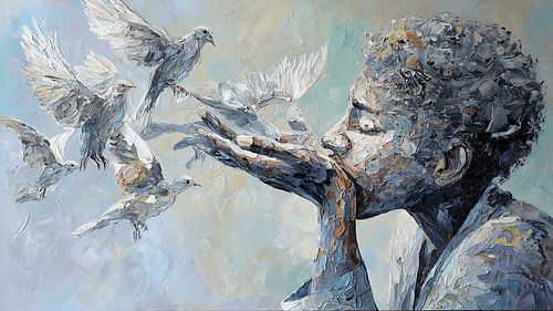 Figure déformée, oiseaux en verre, abstrait, acrylique texturé, art émotionnel et surréaliste