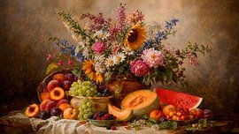 Rural Summer Still Life with Sunflowers and Ripe Summer Fruit by Studio Pieternel