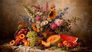 Ländliches Sommerstillleben mit Sonnenblumen und reifen Sommerfrüchten