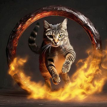 Katze springt durch Feuerring von Frank Heinz