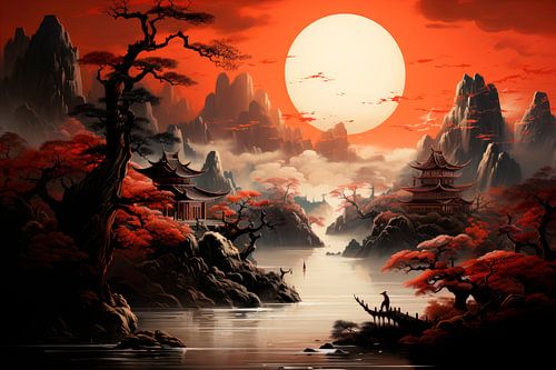 Japans pagodelandschap bij rode zonsondergang