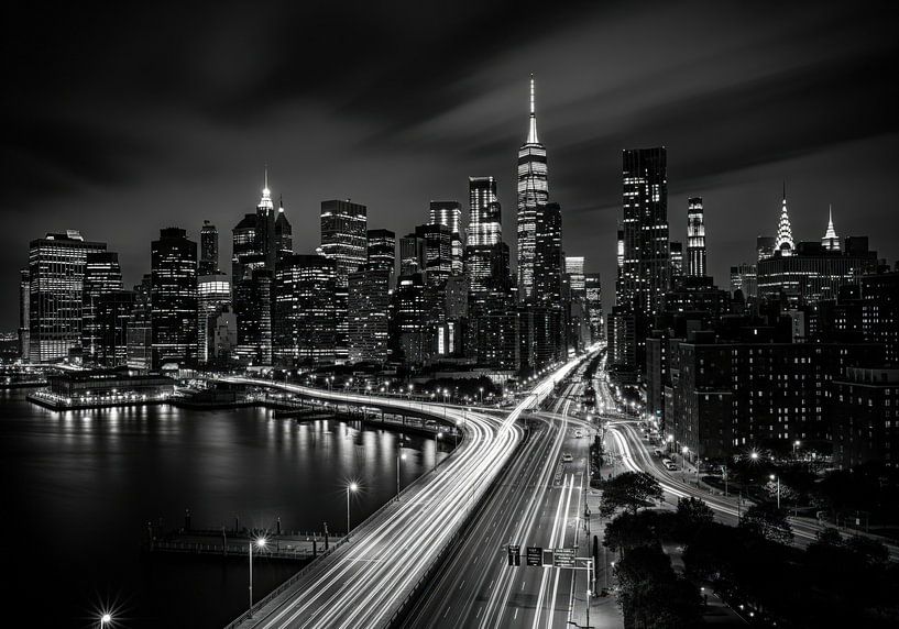 New York City Skyline with Highway Traffic Trails at Night, Blac by Markus Gann