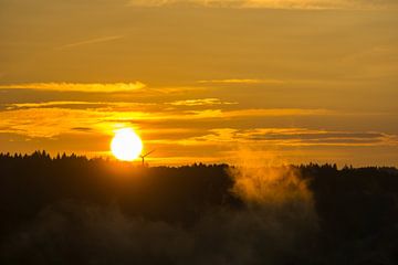 Warm licht bij zonsondergang achter zwart bos in Duitsland met windturbine van adventure-photos