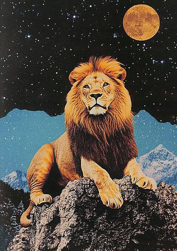 Leeuw in het maanlicht - jaren 70 collageposter