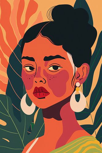 Elegante vrouw met tropische planten achtergrond