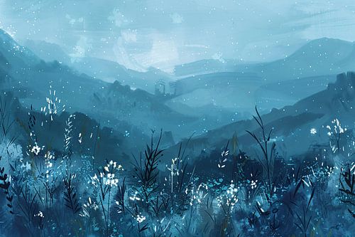 Serene bloemen en bergen in blauw