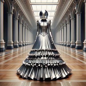 Femme avec une robe de bal en métal et un casque futuriste