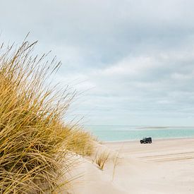 Terschelling beach riding dunes sea beach with the land rover defender to pole 3 by Terschelling in beeld