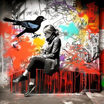 Jonge vrouw graffiti muur vogel schilderij stedelijke modern van gm_designs