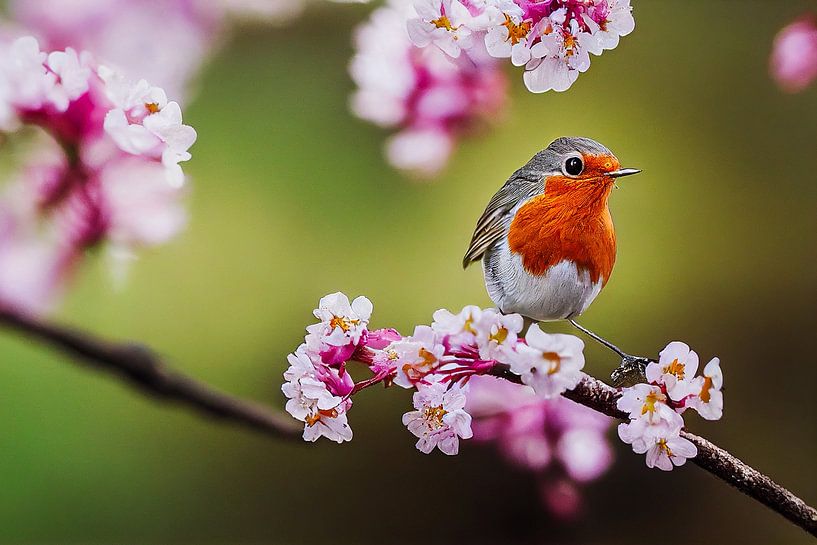 Rouge-gorge sur un cerisier en fleurs au printemps par Animaflora PicsStock