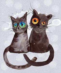 Deux chats gris foncé aquarelle