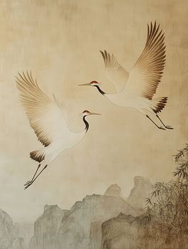 Tanz der zwei Kraniche im Stil der Dunhuang-Wandmalerei