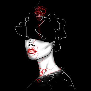 Abstract  portret van vrouw met rode en witte draden 'vast' zwart van Tonje Brackx